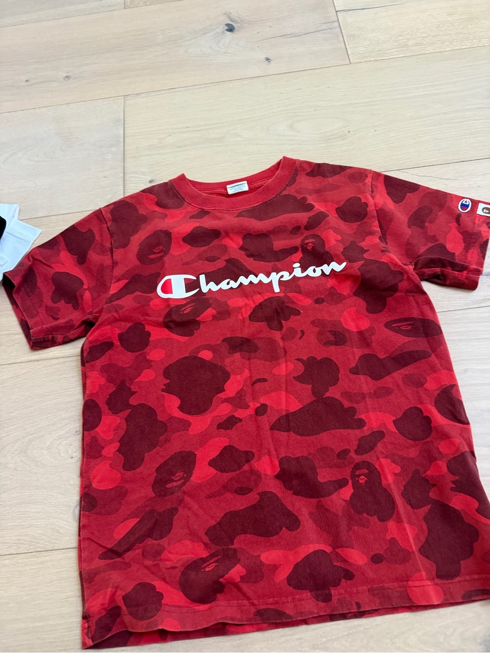 Champion X Bape Red Camo Logo Short Sleeve Tee